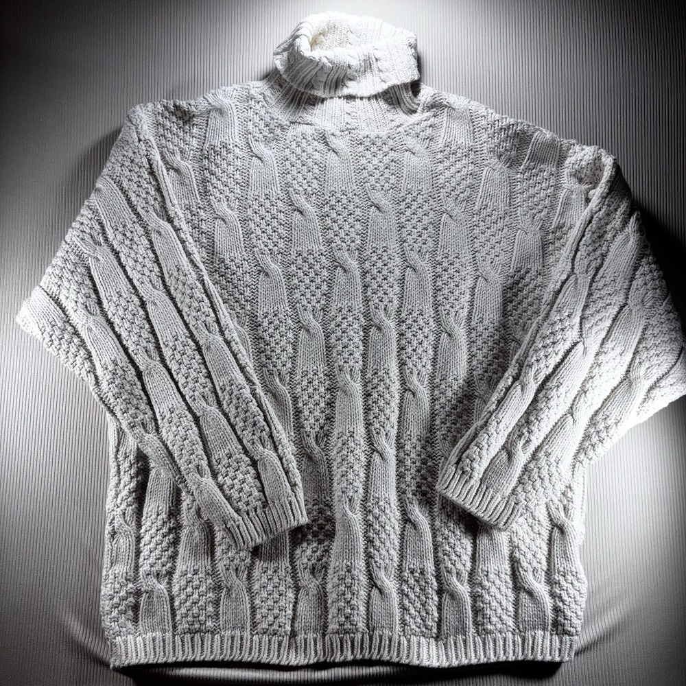 Vtg Cabelas Womens Donegal Fisherman Chunky Cable Knit Turtleneck Sweater Large